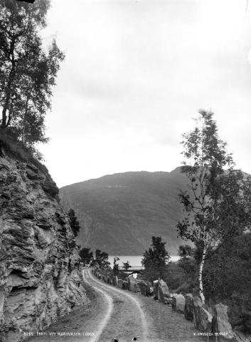 Nedre del av vegen på nordsida av Marheimsgjelet rundt 1900. Vi ser brua over til Marifjøra og Gaupnefjorden. Den gamle vegen gjekk høgt oppe på sørsida av Marheimsgjelet, og bratt ned til Marifjøra. 

 