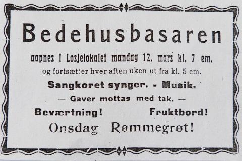 Annonse for «Bedehusbasaren» våren 1923. Byggjearbeidet tok til om sommaren.