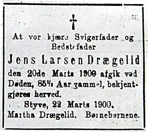 Dødsannonse i Sogns Tidende, 24. mars 1900.