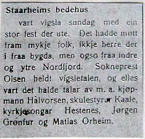 Notis i Fjordabladet, 7. oktober 1924, om vigslinga av «Staarheims bedehus» søndag 5. oktober 1924.