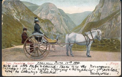 Postkort frå ca 1900 som viser karjol med hest, ein passasjer og skyssgut. Biletet er frå Stalheim Hotel med utsyn mot Nærøydalen.

