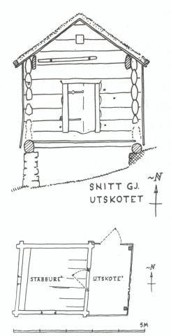 Snitt gjennom utskotet og grunnriss.
