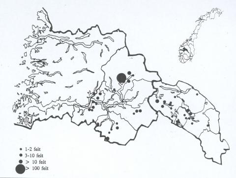 Kartet viser utbreiinga av gropristingar i Sogn og Valdres. Det finst og gropristingar i Sunnfjord og Nordfjord, men dei er ikkje markerte på kartet.
