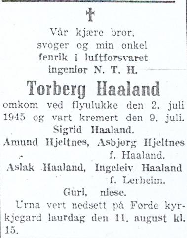 Gravferdslysing i bygdebladet Firda, 8. august 1945.