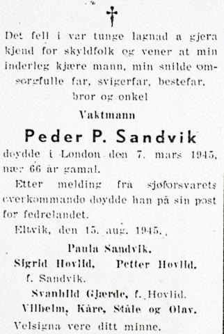 Kunngjering i Fjordenes Tidende, 20. august 1945, frå familien om at Peder P. Sandvik døydde i London 7. mars 1945.