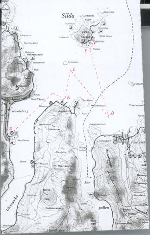 Kartskisse som syner den siste ferda til D/S "Aladdin". frå Kapellbukta (A) om Ulvesund fyr (B), nord til grunn sjø ved Lysholmen (C), med assistanse av bergingsbåten "Draugen" ned på Flatrakevika (D), nord til Varden på Silda (E) og så endeleg til Kyrkjevika (F).