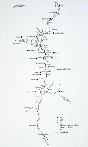 Kartet viser Jostedalen kommune slik han såg ut i 1905.