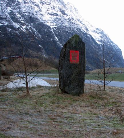 NVE-steinen januar 2006. Dei to tusenårstrea har vokse og ser ut til å vera i god trivsel.