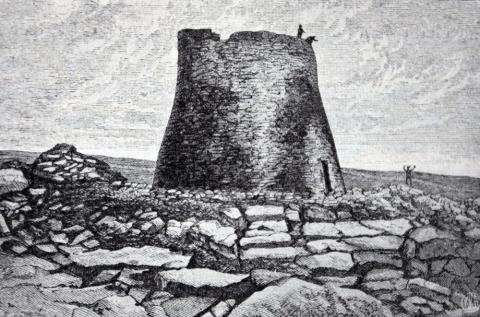 "Broch of Mousa". Illustrasjon i: Bugge, Alexander: <i>Norges Historie</i>. Bind 1, del 2. Kristiania 1910.

