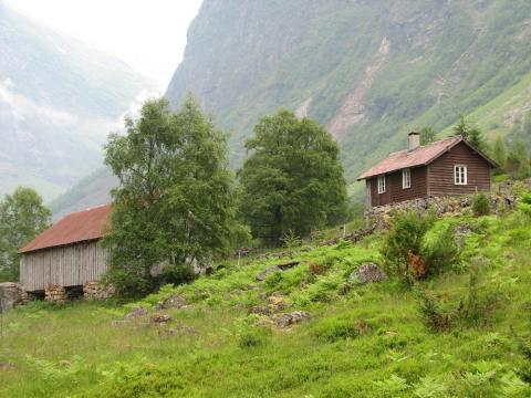 Sel og løe på Blåbærstølen. Dette er selet Sigrid Bøyum fortel om som eit "nyare sel, bygd av tre". Det var først tekt med bølgeblikk, men seinare vart det skifta ut med eternittplater.