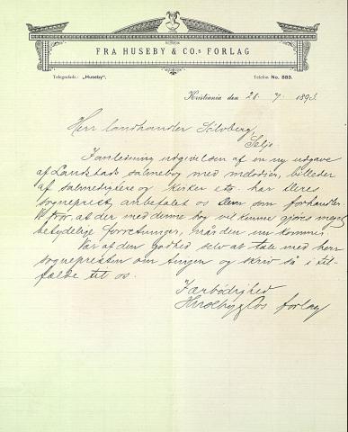 Tilbod på salmebok frå Olaf Huseby & Co's forlag til landhandlar Sølvberg i Selje. Det står:
Kristiania, den 28.7.1893
Herr Landhandler Sølvberg, Selje.
I anledning udgivelsen af en ny udgave af Landstads salmebog, med melodier, billeder af salmedigtere og kirker etc. har Deres Sognepræst anbefalet os Dem som forhandler. Vi tror, at der med denne bog vil kunne gjøres meget betydelige forretninger, naar den nu kommer. Vær af den godhed selv at tale med sognepræsten om tingen og skriv så i tilfælde...