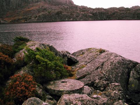 Ved Kvernhuselva i Bjørnefjorden ligg denne svære steinen. Her kan orda ha falle tungt sidan ein liten skalk er slått av under transporten til elva. Mykje oppdemming måtte til, men anten har her vore to kvernhus, eller så er kverna flytta for betre utnytting av vatnet.