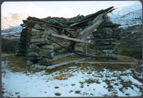 Torvhus av "gamlesorten" på stølen Ringane. Det står attmed torvhuset på biletet til høgre. Hausten 2000 var huset ferdig restaurert (sjå biletet nedanfor).