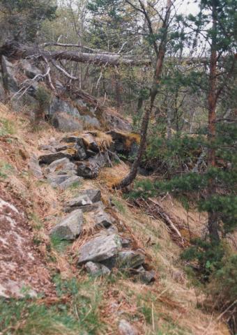 Den steinsette vegen i Langegalden er sikra med jarnboltar under steinmuren.
