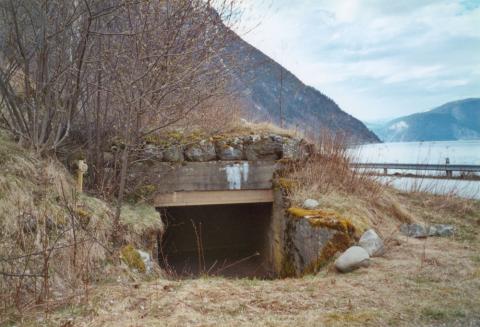 Kanonbunker i Erdal. Taket i bunkerane var støypt oppå svære tverrgåande bjelkar av rundtømmer. Stokkane var rotna og vart utskifta i 2000. I den indre veggen er det utsparing for kanonløpet.
