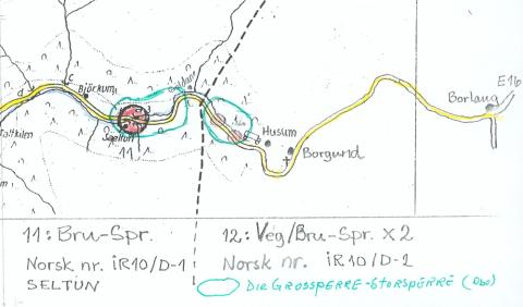 Utsnitt av eit kart over planlagde veg- og brusprengingar. <i>Die Grossperre</i> er innringa med grønt.


