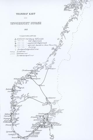 Vi ser telegraflinja mellom Bergen og Gjøvik via 'Leirdalsøren'.