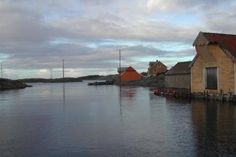 Husøy sett utover vågen mot nordvest. Her inne på vågen er det grunt, men sjølvsagt djupt nok for kaperen sin bordingsbåt. Sjølve kaperen måtte nok ankre opp ut forbi, i ly av holmane. Det store borgarhuset låg bak buene, med utsyn over vågen.
