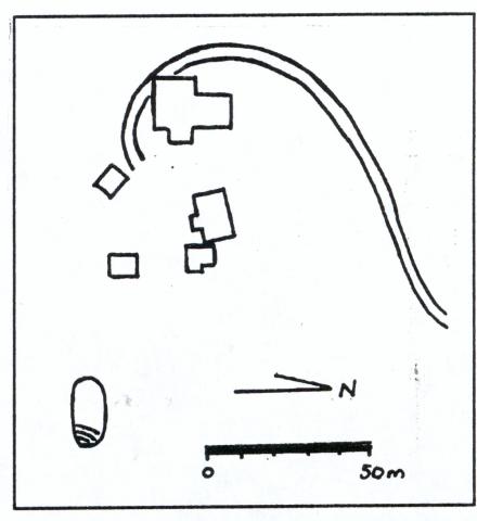 Bygningane på Holane i 1996. Berre fem hus er att der det gamle klyngetunet var. Teikna etter Økonomisk kartverk.