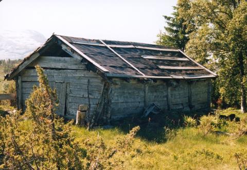 Stor tømmerfjøs under utbetring.