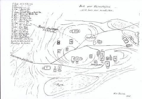 Skisse over stølen slik den var kring 1900.