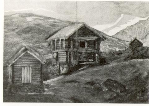 <p>"Vigdals heim p&aring; fjellet" er teksten til dette biletet i ein artikkel om Hans Vigdal i Den Norske Turistforening si &aring;rbok for 1944. Bygningen, Vigdalsloftet, st&aring;r no p&aring; De Heibergske samlinger - Sogn Folkemuseum. Biletet er m&aring;la av Hans Forstreiter i 1921.</p>