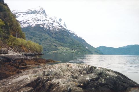 Motiv frå Kvitenes utover Nordfjord. Garden Hyenes ligg midt i biletet, med fjellet Hyeneshesten, 1276 m o.h., over seg. 
