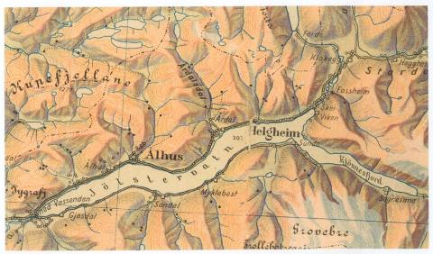 Jølstravatnet og Kjøsnesfjorden før det kom veg og bru over Kjøsnessundet. Utsnitt frå skulekart 1927.