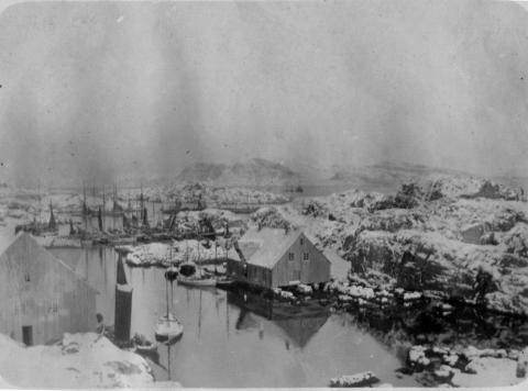 Biletet over syner Bataldebua og lokale fiskebåtar i nordre Fanøyvåg, Batalden ca. 1900. Lenger ute ligg oppkjøpsfartøy for anker. Bua vart for mange år sia reven ned og stod så ei tid ved Sunnfjord Museum i Førde. Bua er sia flytta og er no bygd opp att i ved Kystmuseet i Florø.