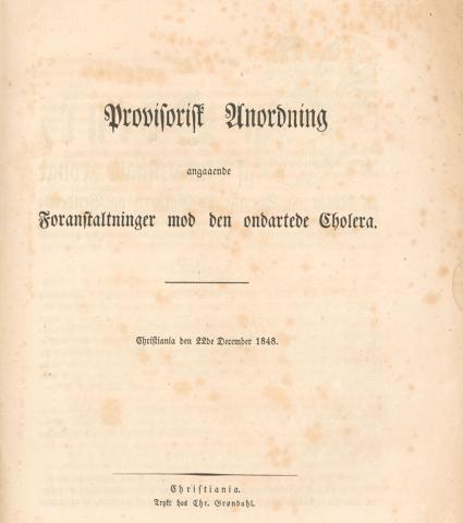 Provisorisk anordning frå det kongelege departementet for indre saker, uferda 1848 i høve trugande kolerapest.