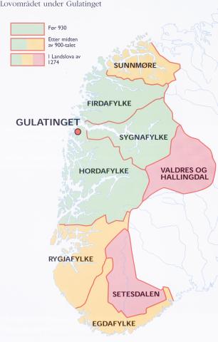 Lovområdet under Gulatinget. Tingstaden vart kring 1310 flytta frå Gulen til Bergen.