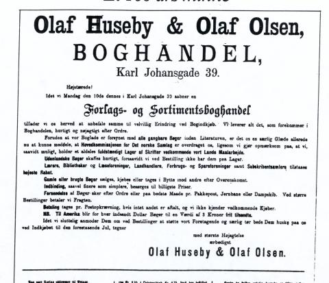 Utsnitt av annonse i Verdens Gang 8. desember 1883 - ny forlagsbokhandel på Karl Johan. Tre bøker er særleg nemnde: <i>Sangbok for den norske Ungdomsskole</i> og <i>Tænk selv</i> av amerikanaren Robert Green Ingersoll (1833-1899) med føreord av Bjørnstjerne Bjørnson.