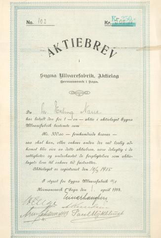 Aksjebrev frå 1915 i Sygna Ullvarefabrik. Kjøpar var Erling Næsse.