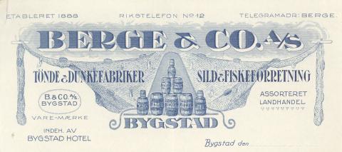 Brevhovud på brev frå Berge &amp; Co. A/S, datert 20.10.1928.
