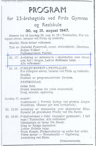 Program for 25-årshøgtida. Ramma rundt programposten - Avduking av minnetavle - laga for presentasjonen her.