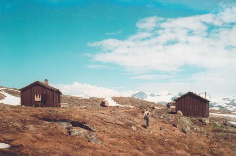 Prestesteinshytta vart oppført i 1914. Til høgre ser vi stallen med "Fantestova". Stallen er i dag vedskjul, men "Fantestova" står framleis ulåst til glede og gagn for farande fjellfolk.