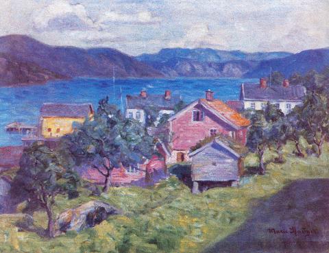 Marie Hauge (1864-1931) har måla dette biletet som ho har kalla "Parti fra Munken i Balestrand".
