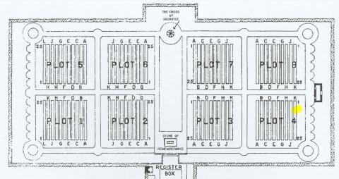 Planteikning over Minturno krigskyrkjegard. Grava til Rasmus Nyvoll er merka med gult: Plot 4, rad K, grav nr. 5.