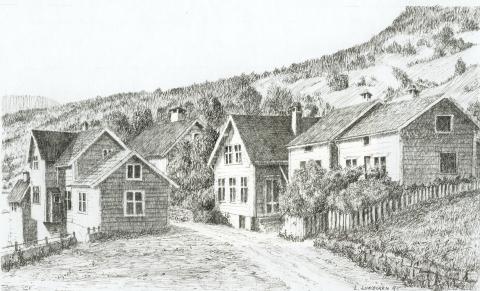 Etter hundreårsskiftet (1900) fekk Skagen fleire sentrumsfunksjonar. Nede ved elva vart det bygt opp ei rekke hus som skulle verte tilhaldsstaden for fleire private tenester. Mads Johannessen bygde huset midt i biletet (butikk), huset til høgre (bustadhus) og huset på andre sida av vegen (bu og bakeri). I 1960-åra var det mjølkeutsal her. I huset vi berre ser taket av, var Elvarheim Kafé. Unna Løfall var dagleg leiar for denne kaféen i mange år. Kaféen og bua nærast vart rivne i 1980.
