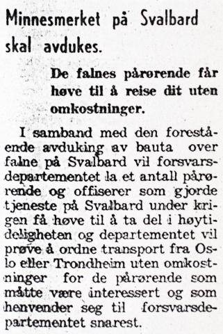 Notis om avduking av minnesmerke for falne på Svalbard. Fjordenes Tidende 18.07.1949.