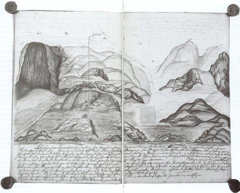 "Situation over Grimeliens Land og Berg, som hvor Ledes dens Kaaber Gang viser sig. Naar man staae ved Søen." Slik byrjar teksten som er skriven under teikninga.