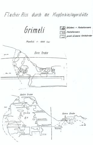 Riss over koparkislaga ved Grimeli gruver. Teikninga er truleg frå den tidlegaste perioden. Språket er tysk - som var "bergverksspråket" på denne tida.