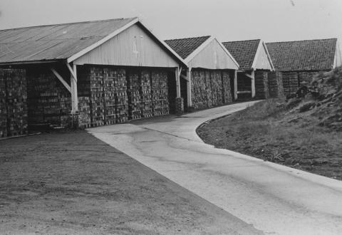 Murstein på lager ved Vårdal Teglverk. I 1955 vart det kjøpt inn truck til løfting og transport. Det vart òg støypt vegbane. I alt var det sju lagerskur.