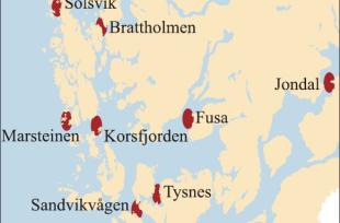 Kart over kjente korallrev i Hordaland.