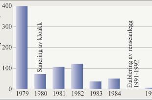 Tarmbakterier i Vangsvatnet fra 1979 til 1993. 