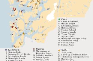 Kart over brudd som har levert stein til bygninger, brostein, murer og kaier i Hordaland.