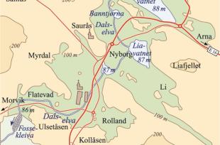 Kart over Midtbygda i Åsane. Lysegrønt: områder mellom 86 og 100 moh. Profilet under markerer den jevne fjelloverflaten langs Dalselva. (Inge Aarseth/Eva Bjørseth)