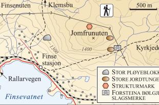 Kart over frostfenomen (og bølgjeslagsmerke) i Finseområdet