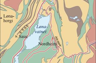 Kart over geologi og skiferbrot kring Lønavatnet. 