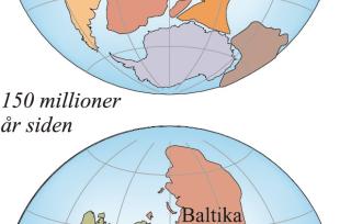 Fire stadier i utviklingen av jordens geografi, fra 420 millioner år siden og fram til i dag. 